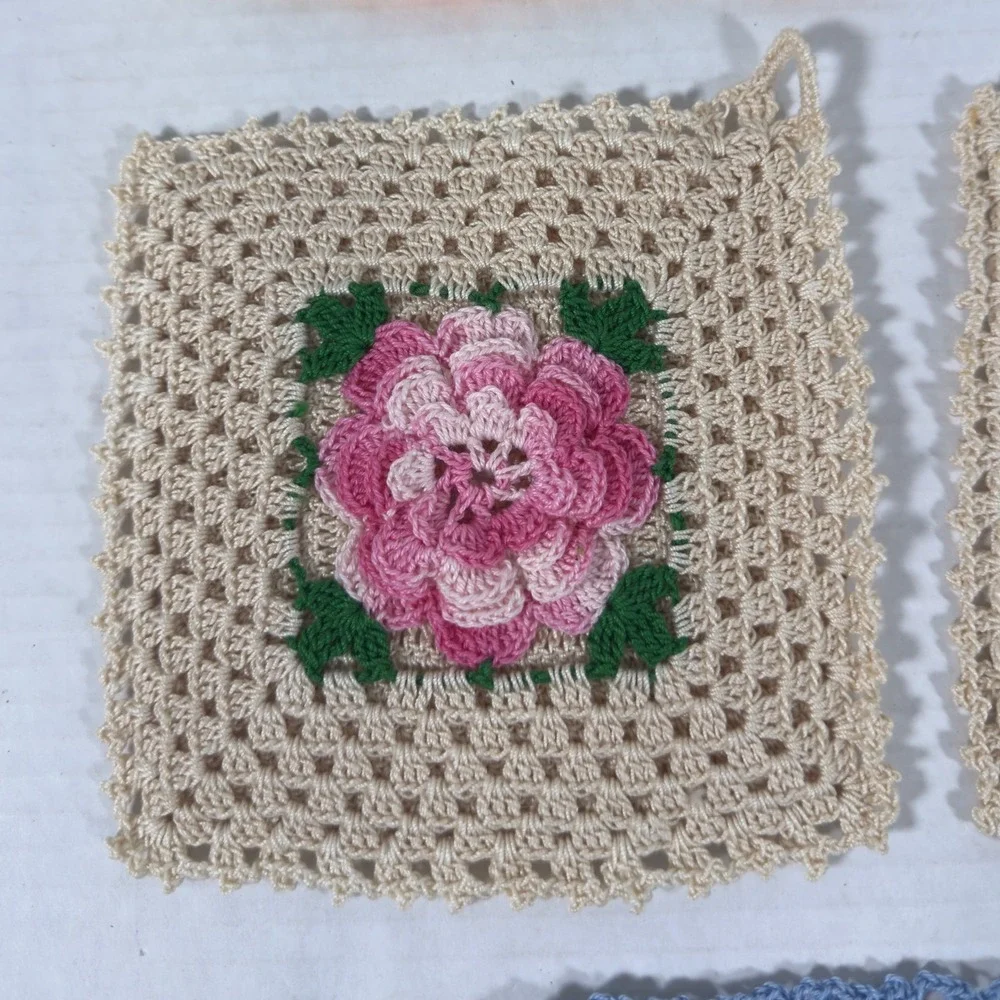 Handmade Vintage Crochet Pot Holders Set 7 Multicolor Floral Granny Square